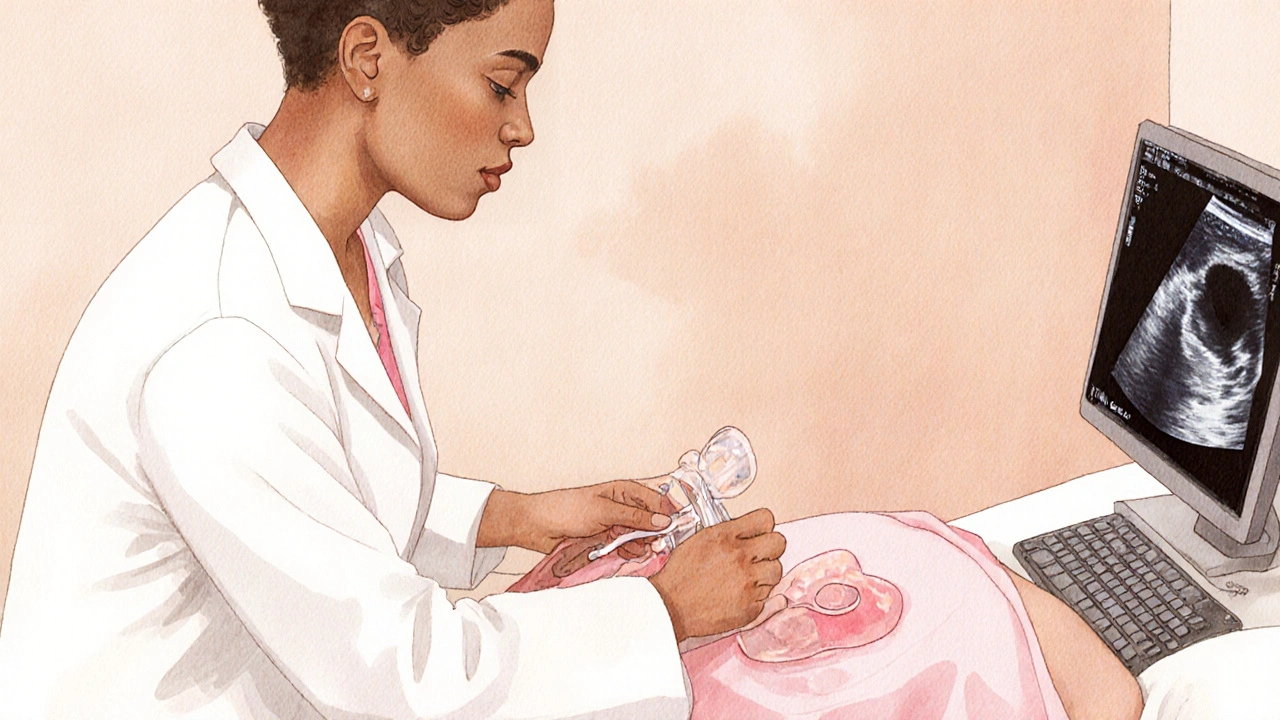 Gynekolog provádí šetrné vyšetření se spekularem a ultrazvukem.
