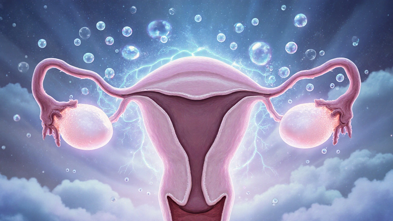 Ilustrace vaječníků s hormonálními cestami a folikuly v pánvi.