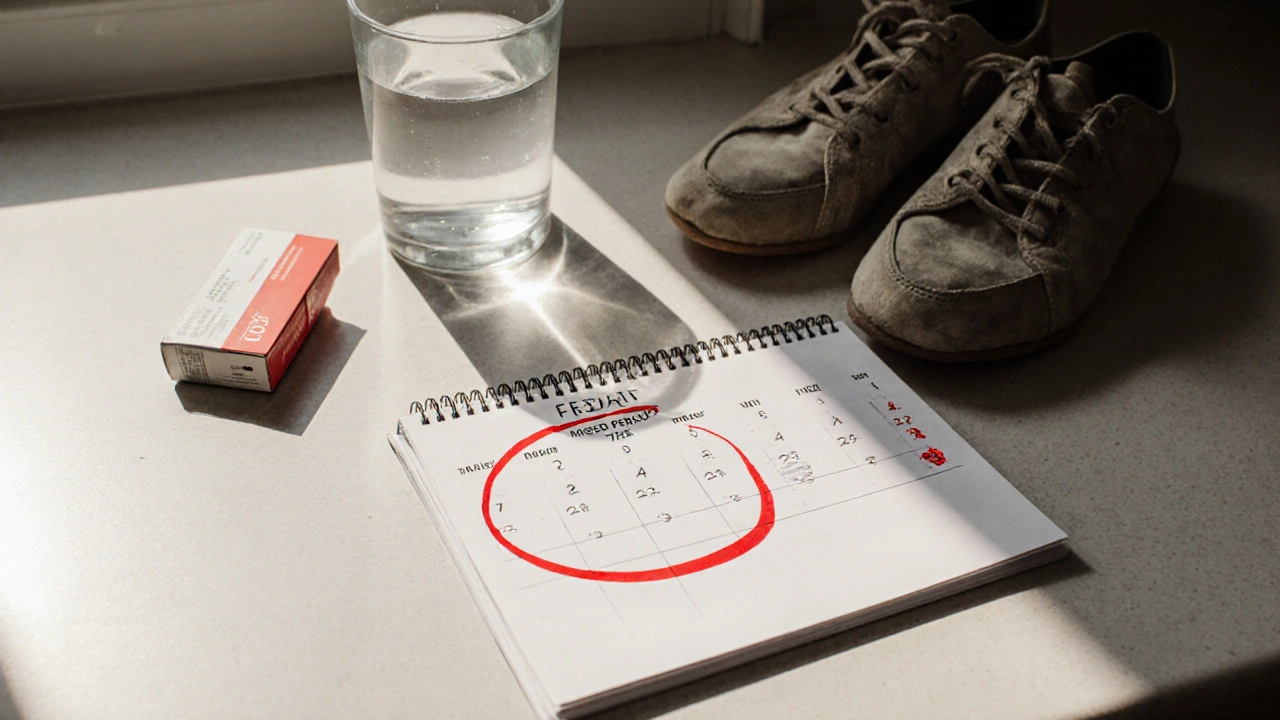 Kalendář s vynechanou měsíčkou a těhotenský test na kuchyňském stole.