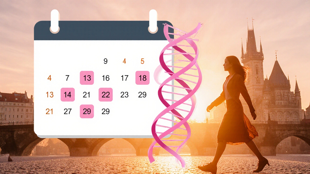 Koláž představující pravidelnou gynekologickou péči, kalendář, DNA a siluetu ženy.