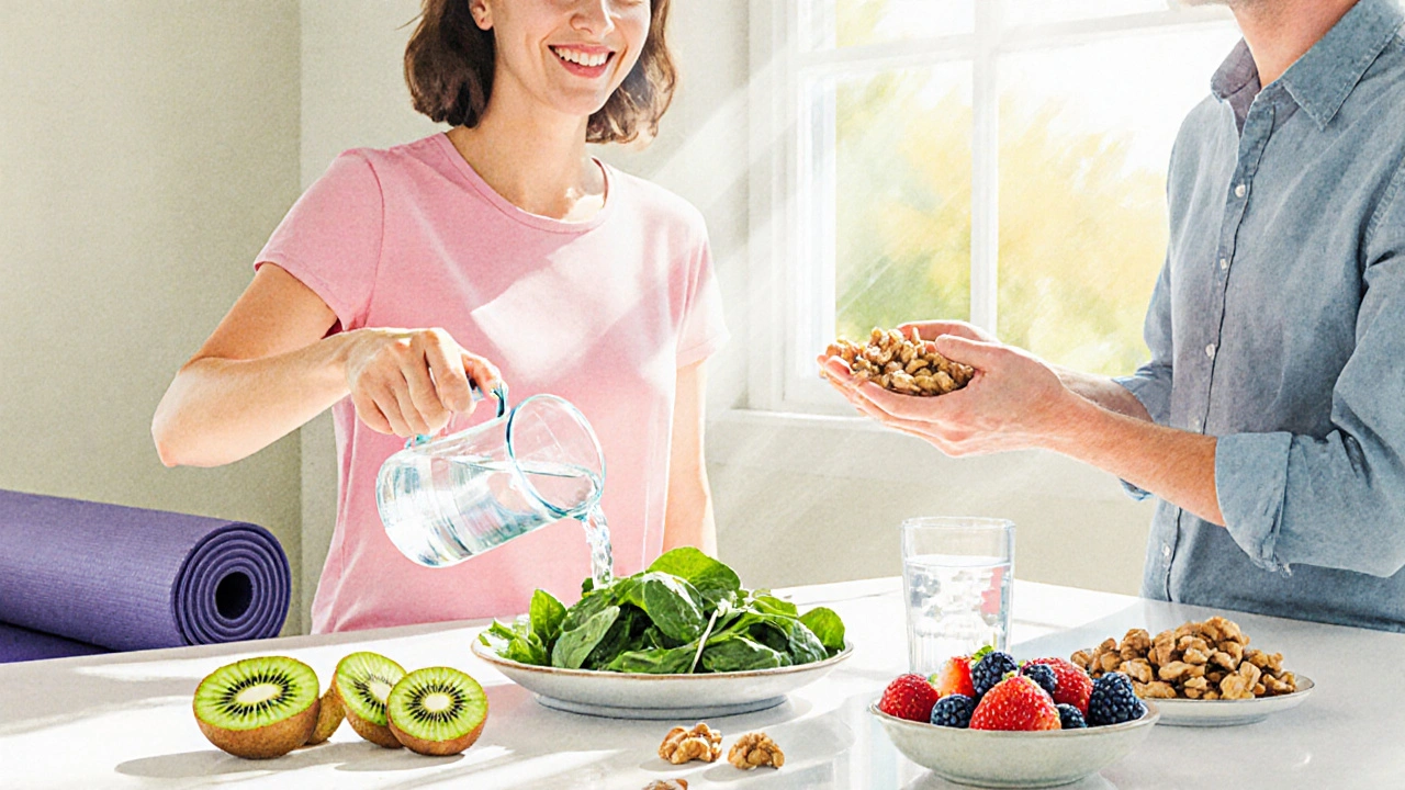 Kuchyňský pult s kiwi, bobulemi, špenátem, ořechy a sklenicí vody.