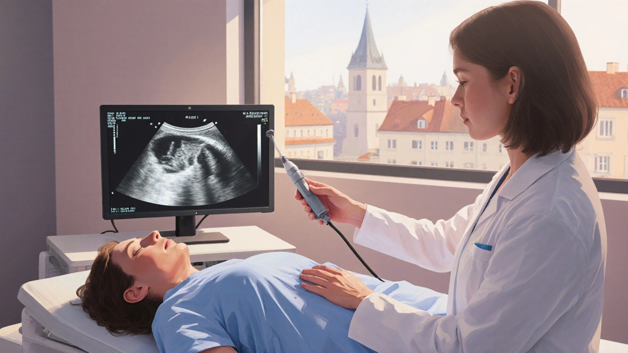 Lékařka provádí ultrazvukové vyšetření děložního čípku v moderní pražské klinice.