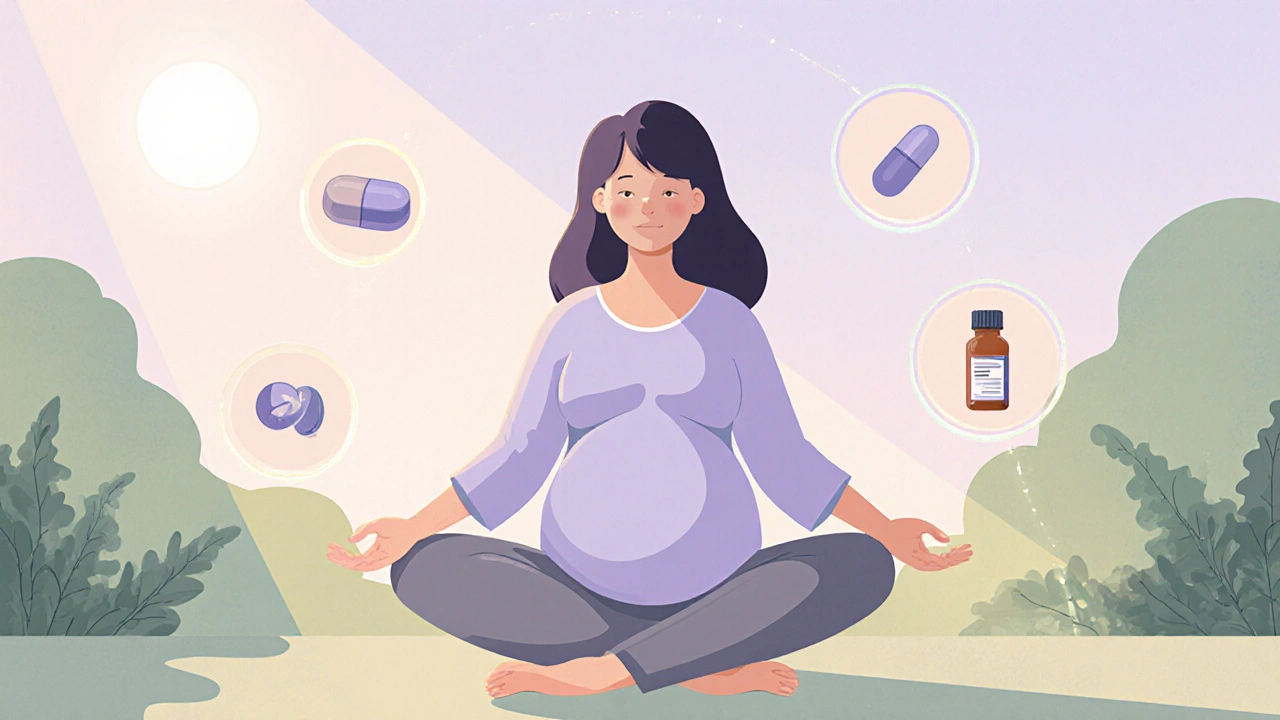 Těhotná žena cvičící jemnou jógu, obklopena symboly výživy a hormonální podpory.