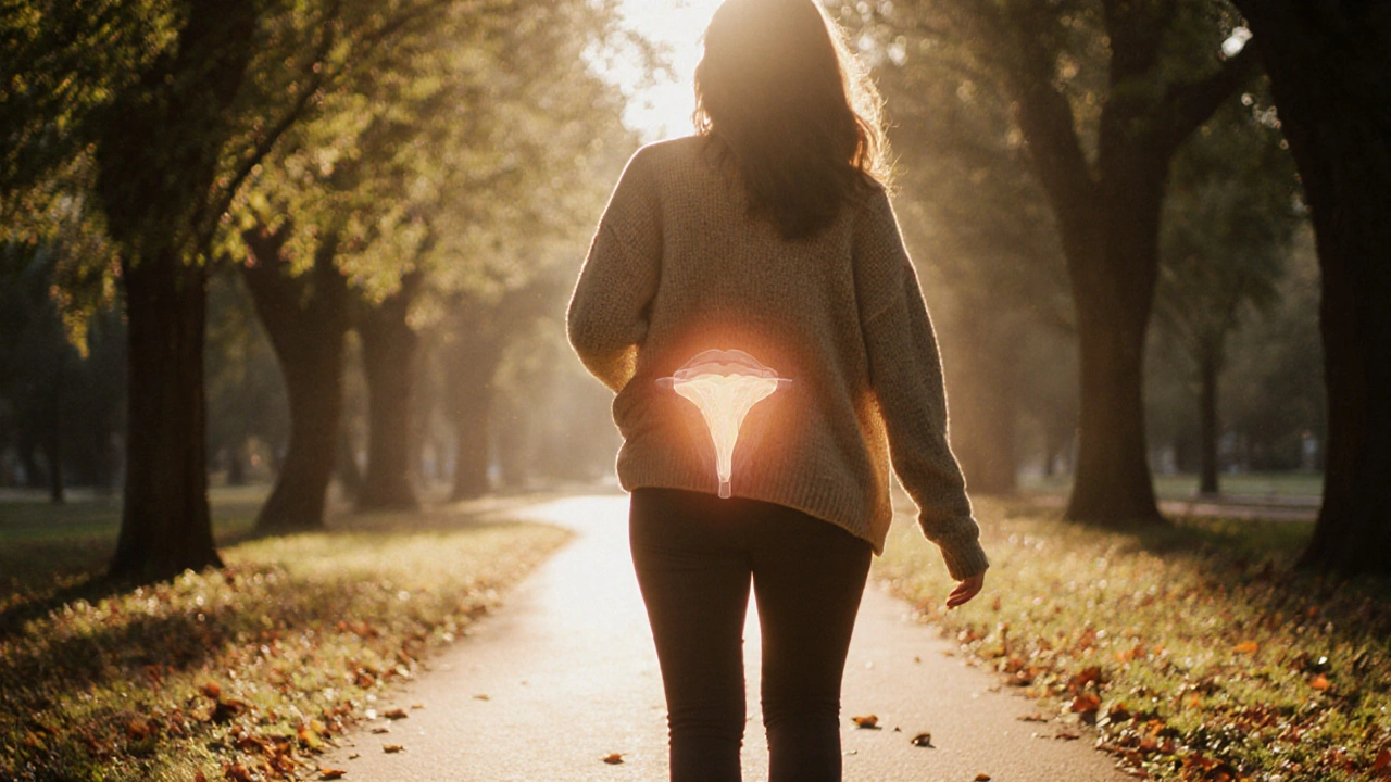 Těhotná žena jde po parku, podporuje přirozený proces zkracování čípku.