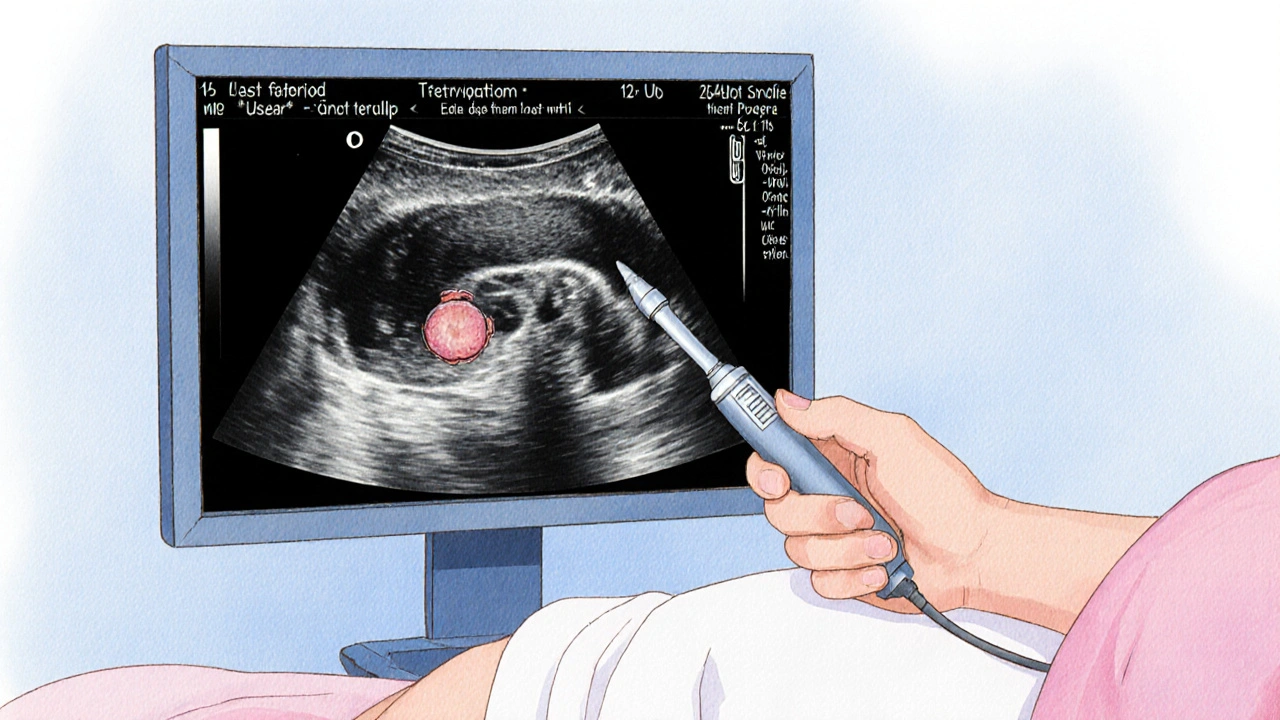 Transvaginální ultrazvuk ukazující dělohu s myomem a vaječník s folikulem.