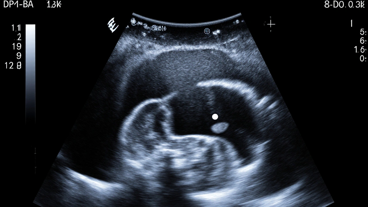 Ultrazvukové snímky z 5. týdne: gestacionální vak, žloutkový vak a malý embryonální bod.