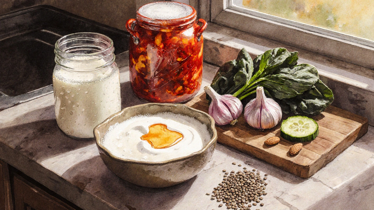 Vodařský stolek s jogurtem, kefírem, kimchi, česnekem, špenátem, ořechy a semínky ve slunečním světle.