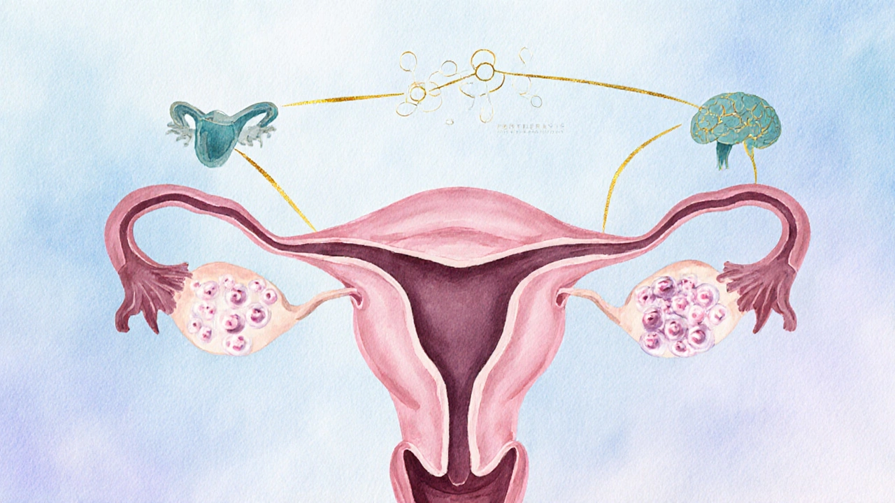 Vodováčná ilustrace ukazuje vaječníky s cystami, štítnou žlázu a hormonální spojení.