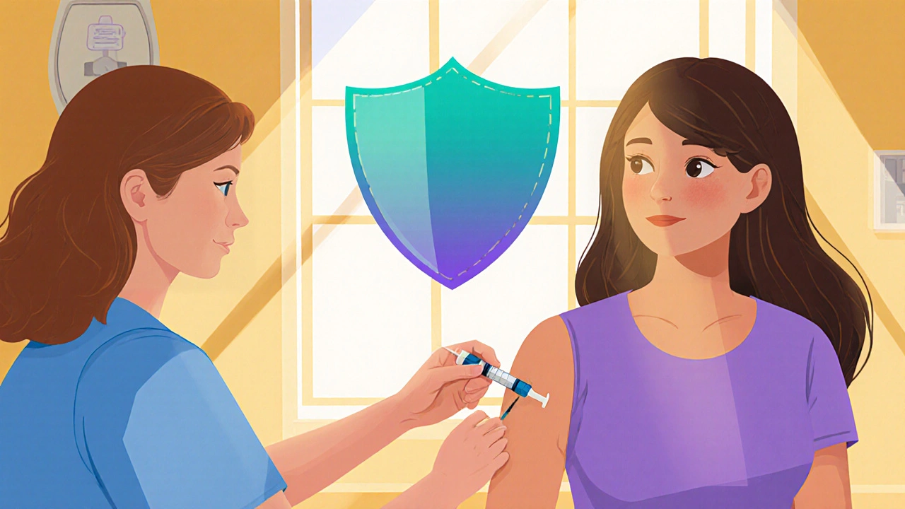 Žena dostává očkování proti HPV, symbolizuje ochranu čípku.