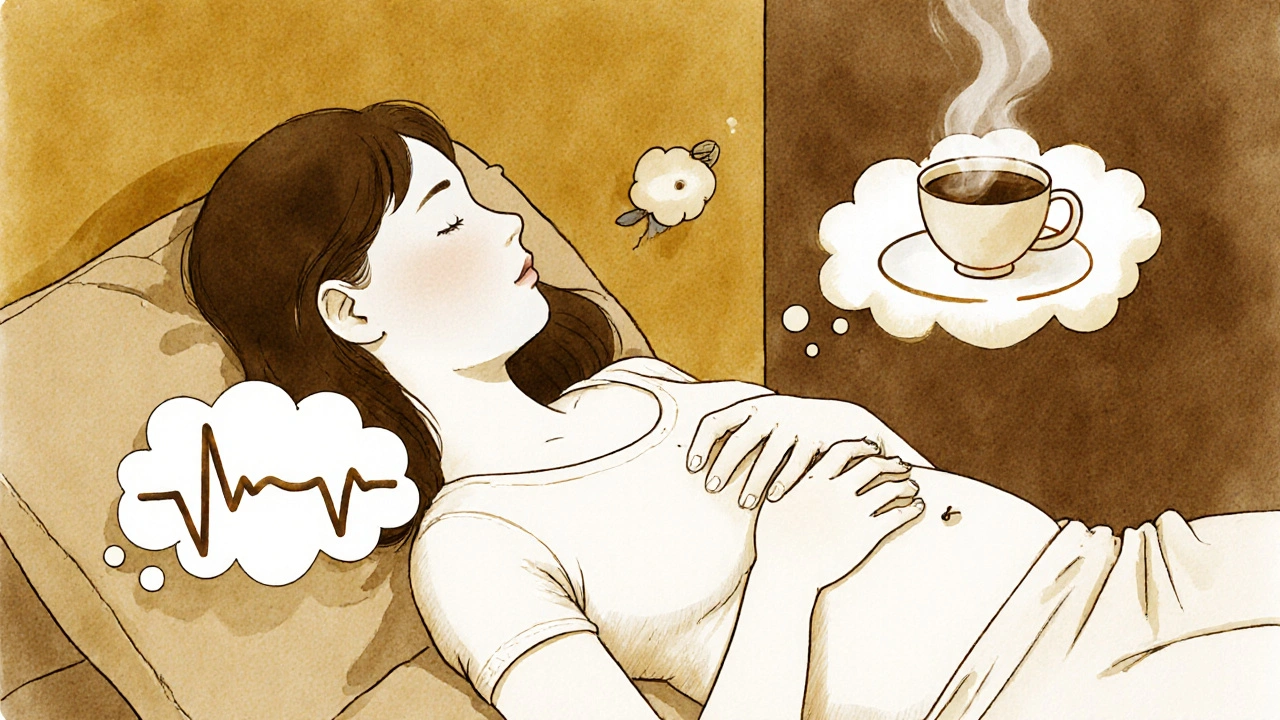 Žena leží na pohovce, ruka na břiše, kolem ní symboly těhotenství.