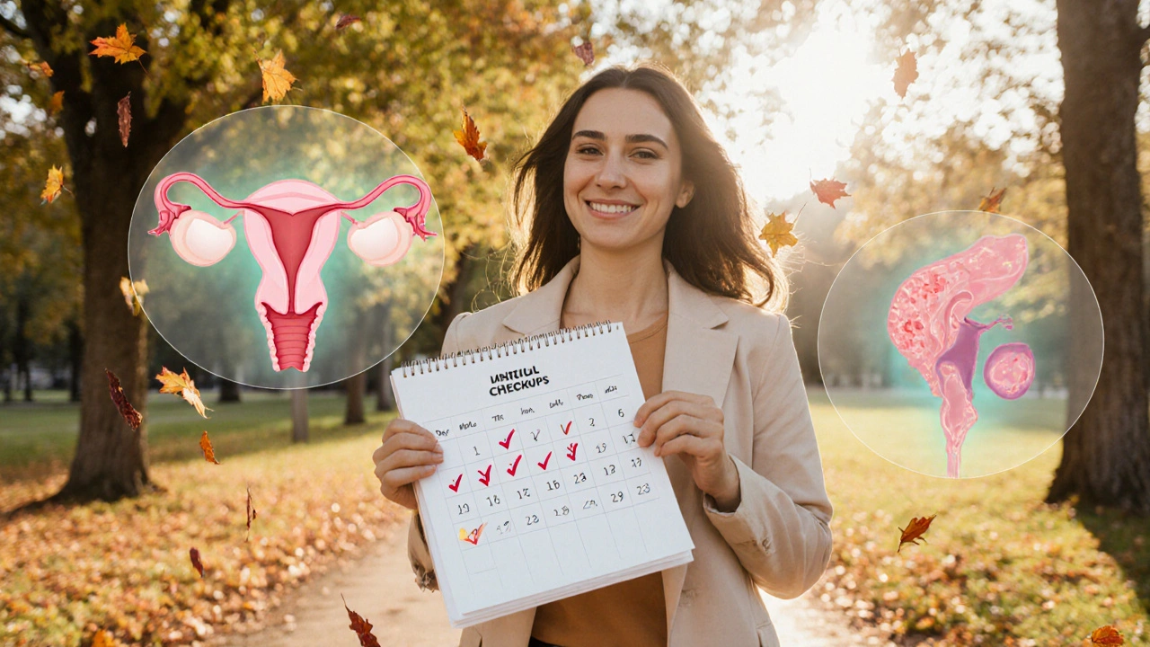 Žena v parku symbolizující pravidelnou péči o zdraví vaječníků.