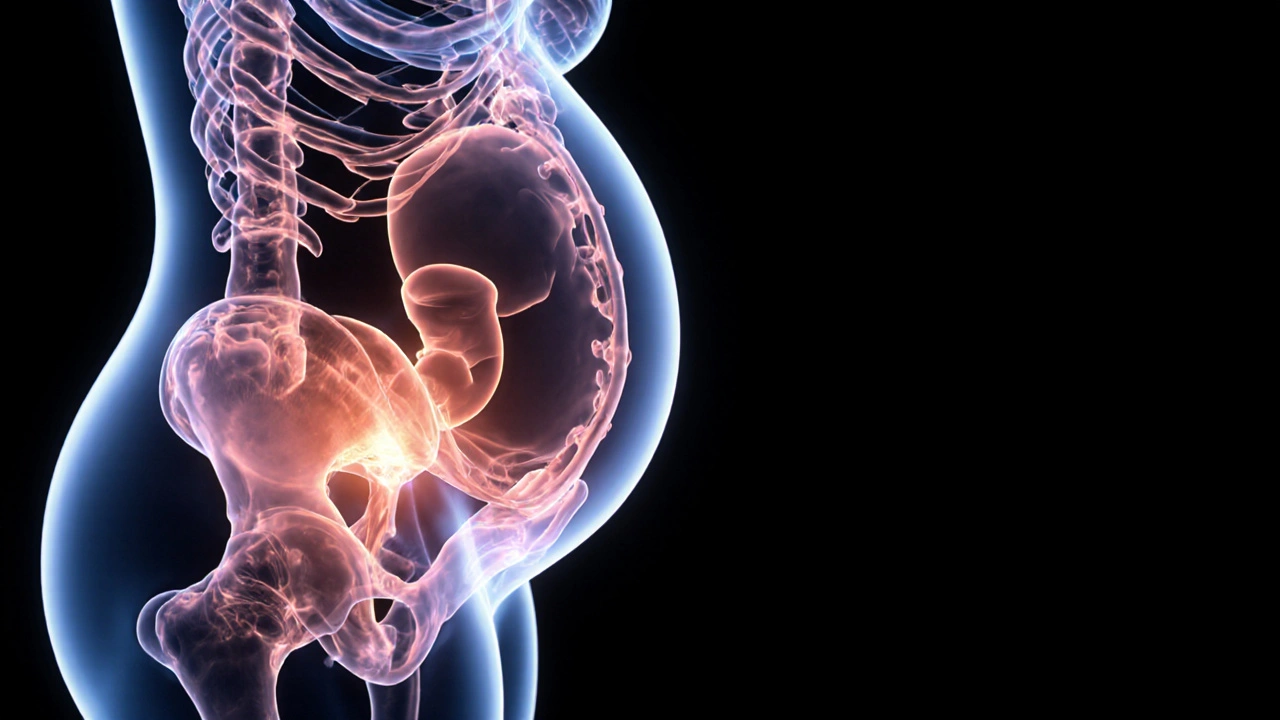 Anatomický náčrt vnitřního pohledu na sestup hlavy plodu do pánve během těhotenství.