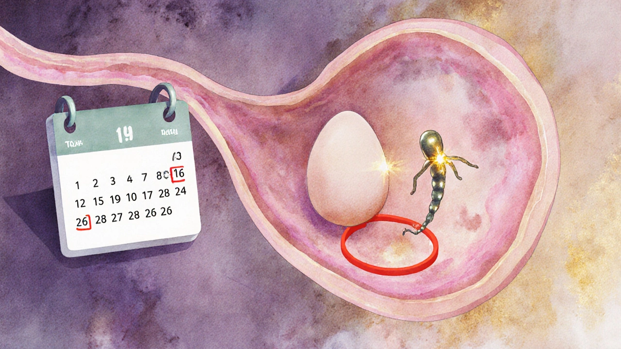 Biologická ilustrace spermie cestující k vajíčku v čase ovulace.