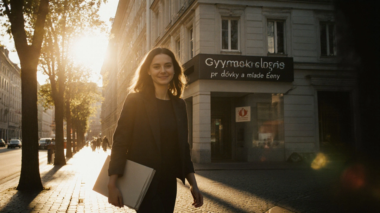 Dívka opouští kliniku s pověřením a jistotou, slunce osvětluje její cestu domů.