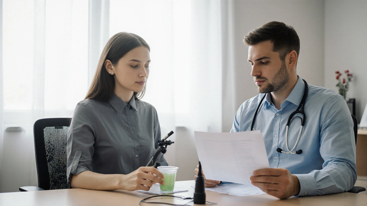 Dva pacienti v lékárně s lékařským přístrojem a vzorkem moči na stole.