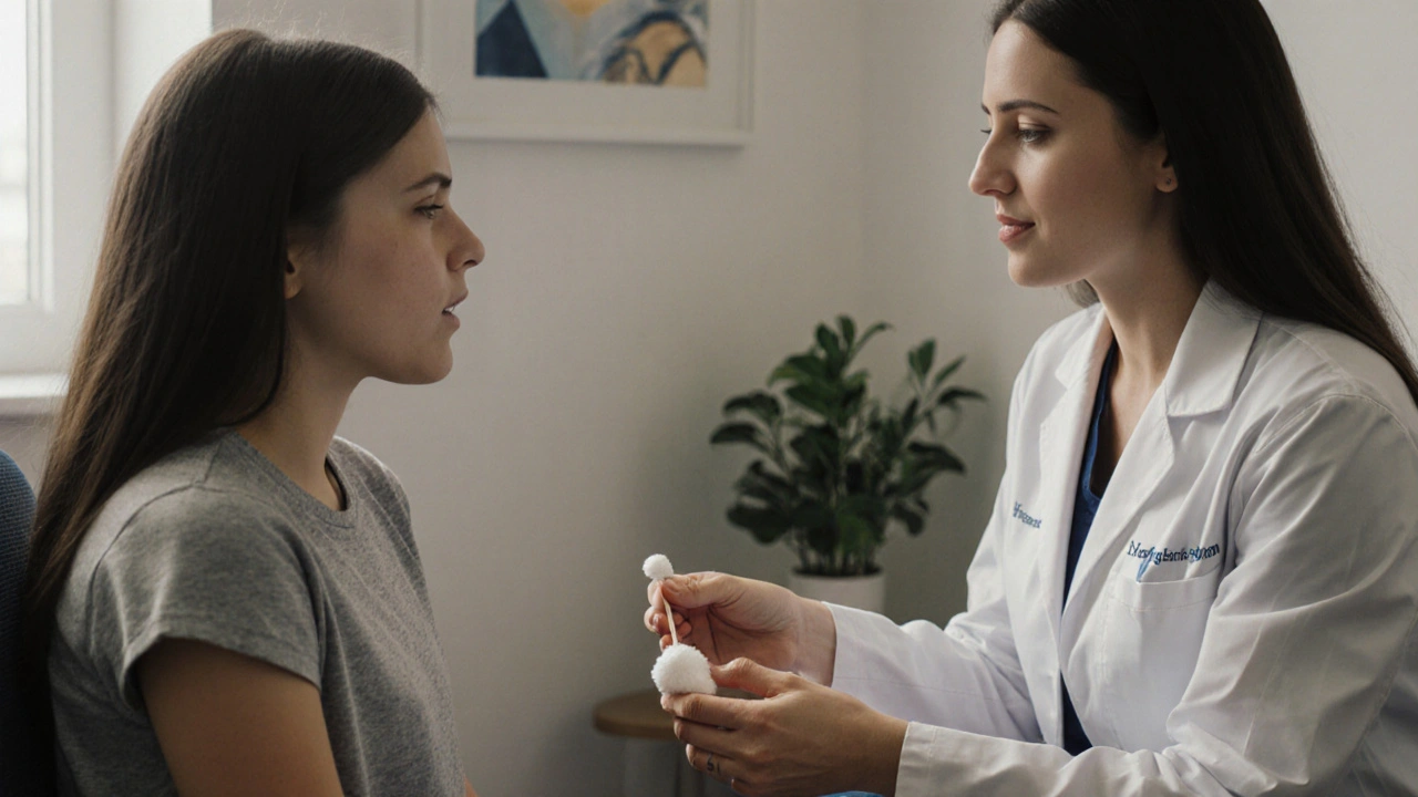 Gynekoložka vysvětluje dívce neinvazivní vyšetření v klidné konzultační místnosti.