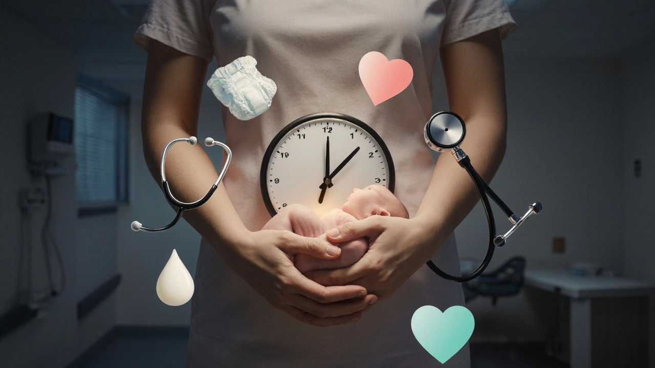 Hodiny s ručičkami tvaru matčiných paží držících dítě, symbolizující čas a péči v porodnici.