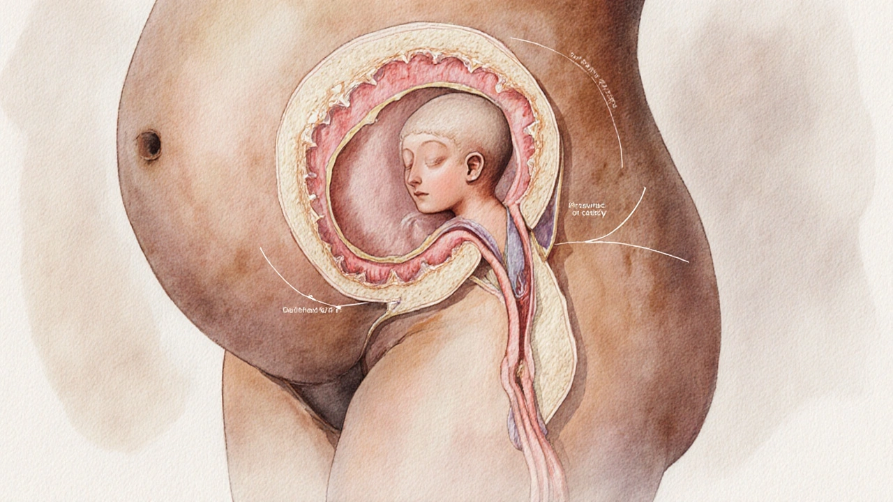 Ilustrace dítěte klesajícího do porodních cest uvnitř dělohy.