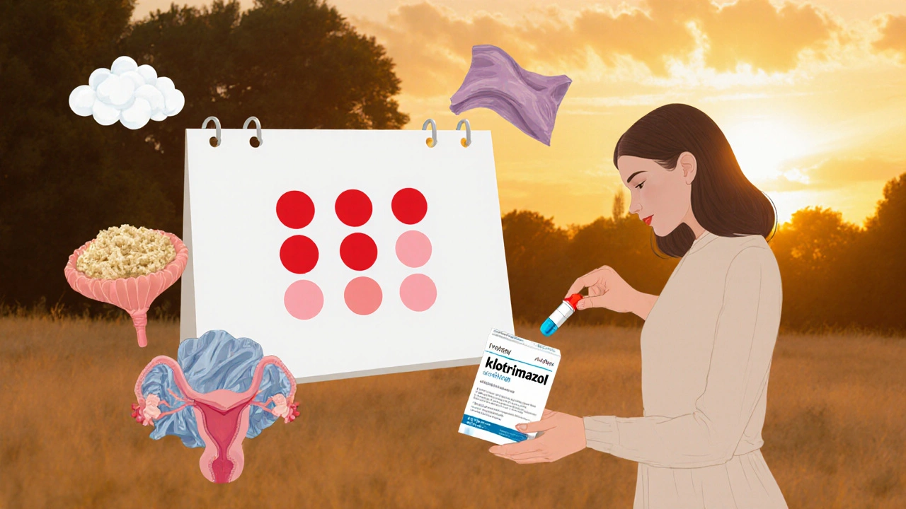 Kalendář s čtyřmi označenými epizodami kvasinek, kolem nich symboly příčin a léčby, s probiotikem a lékem na pozadí.