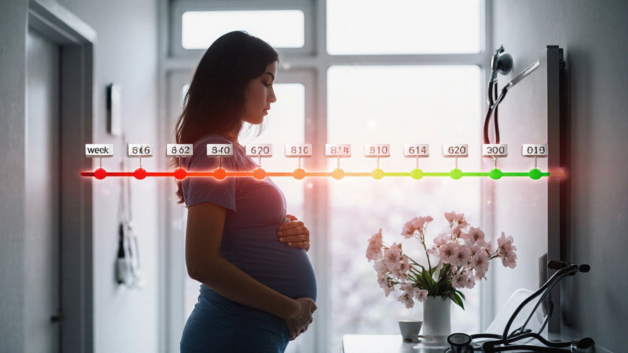 Kalendář s týdny těhotenství ukazuje, jak nevolnost postupně ustupuje od 4. do 20. týdne.