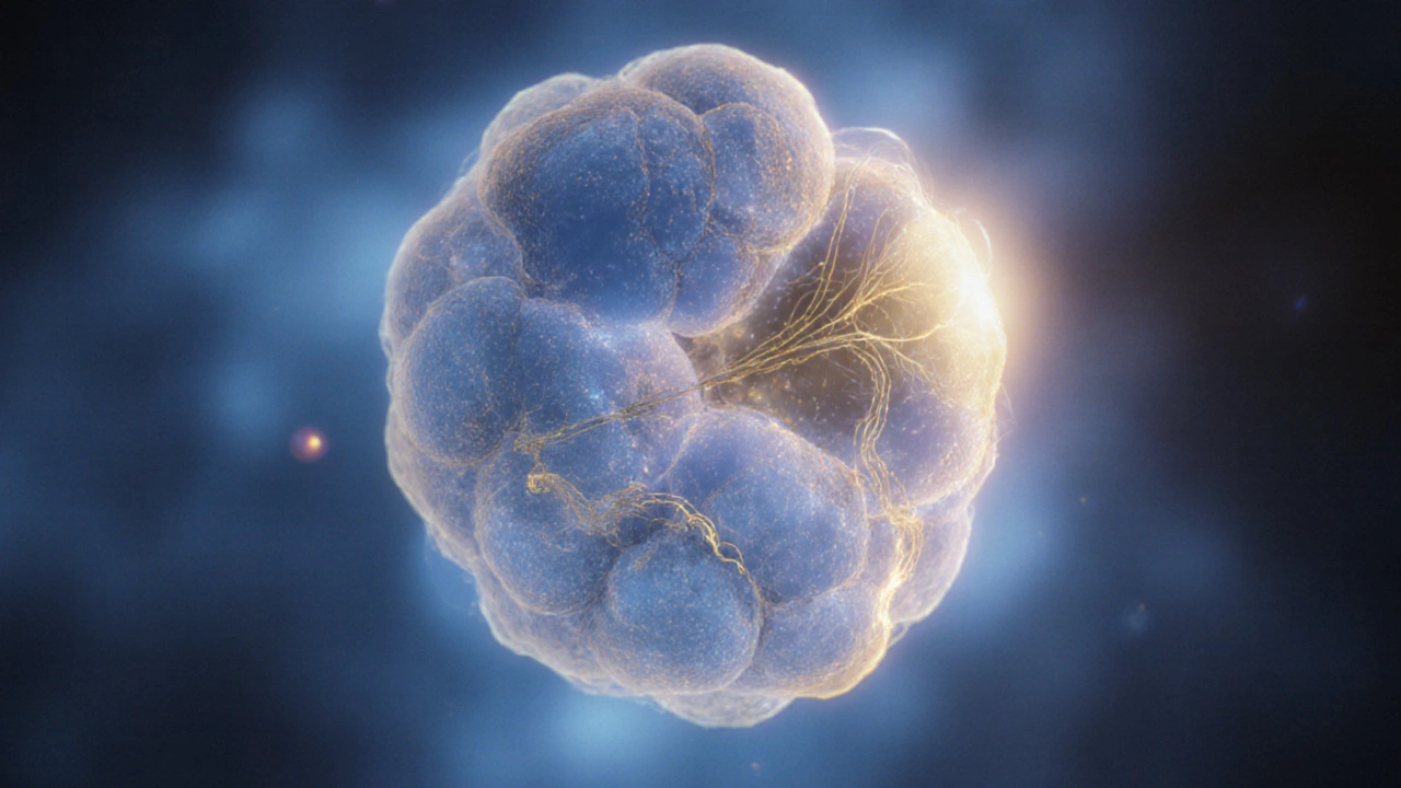 Konceptuální ilustrace embrya o velikosti hrášku v raném týdnu těhotenství.