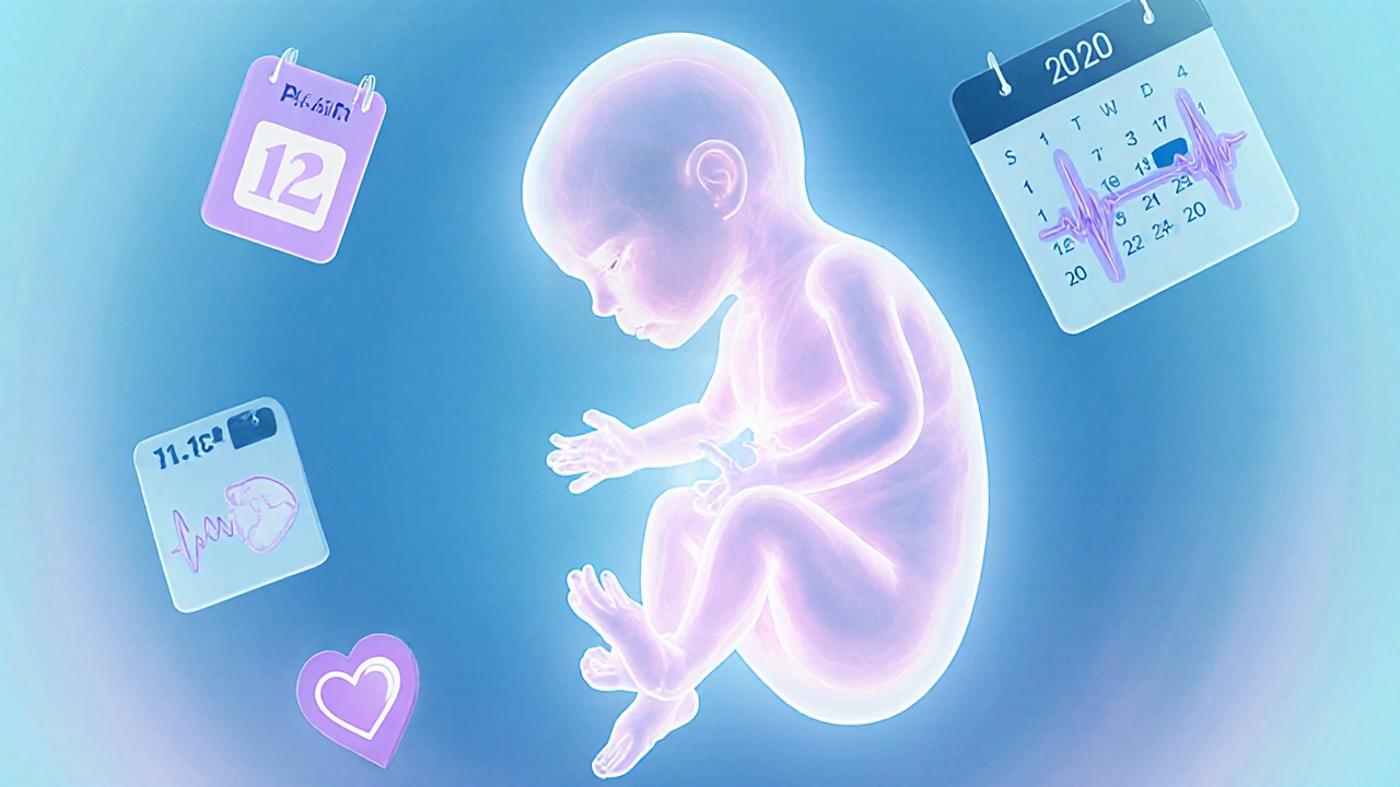 Konceptuální znázornění plodu v děloze s ukazateli důležitých parametrů prvního screeningu.