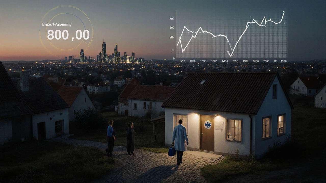 Lékař kráčí k malé lékárně v české vesnici při svítání, zatímco obyvatelé čekají venku.