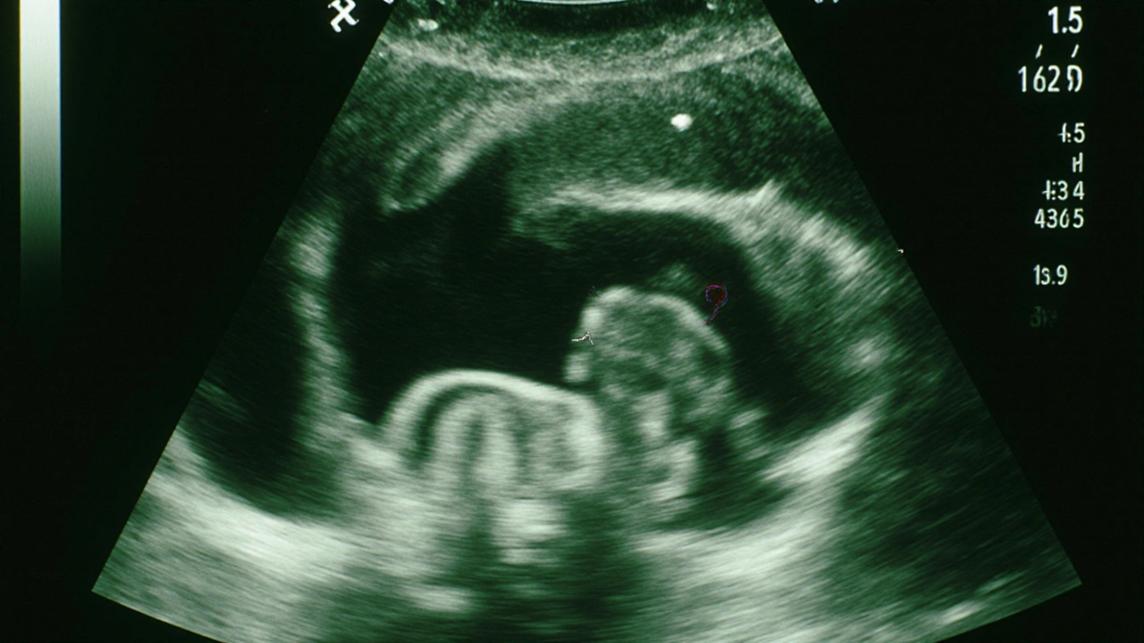 Malý plod o velikosti hrášku na ultrazvuku s viditelnými výběžky končetin a bijícím srdcem.