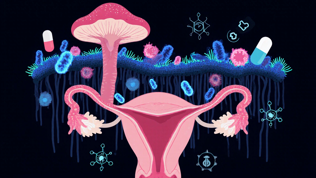 Mikroskopický pohled na kvasinky Candida albicans a laktobacily v pochvě, symbolicky znázorněné jako bakterie a houby v kontrastních barvách.