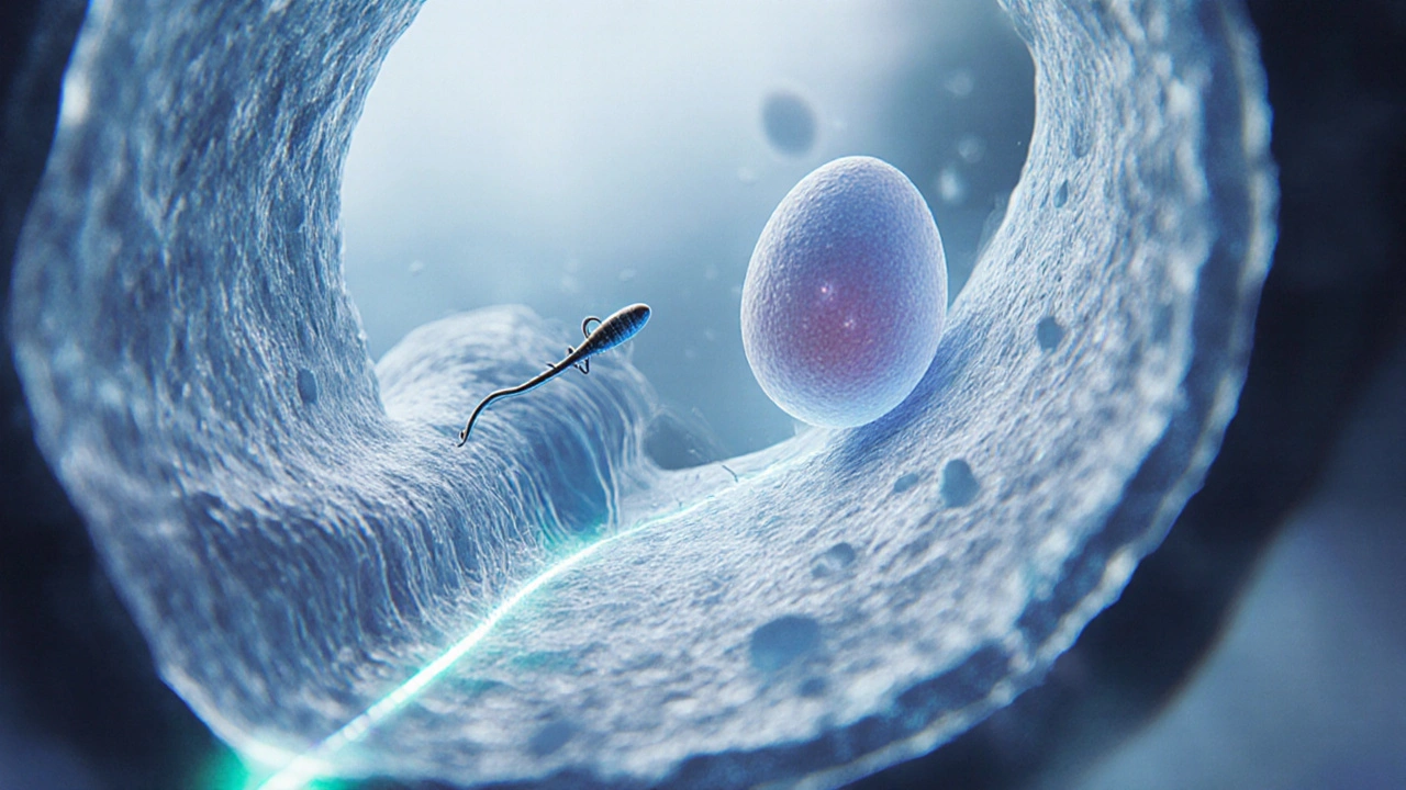 Mikroskopický pohled na oplodnění vaječka ve vajíčkovodu.