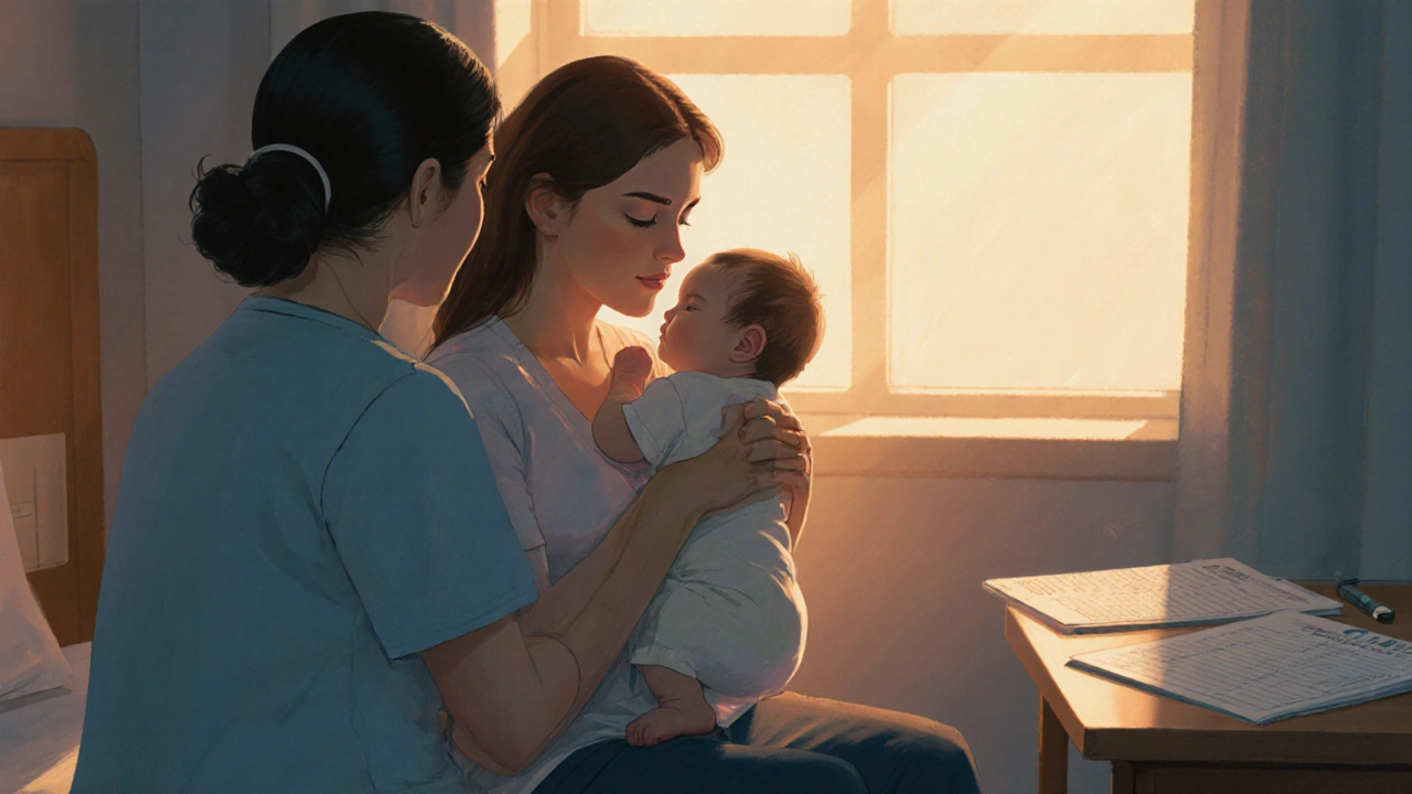 Nová matka se učí kojit s pomocí porodní sestry, oba sedí u okna.