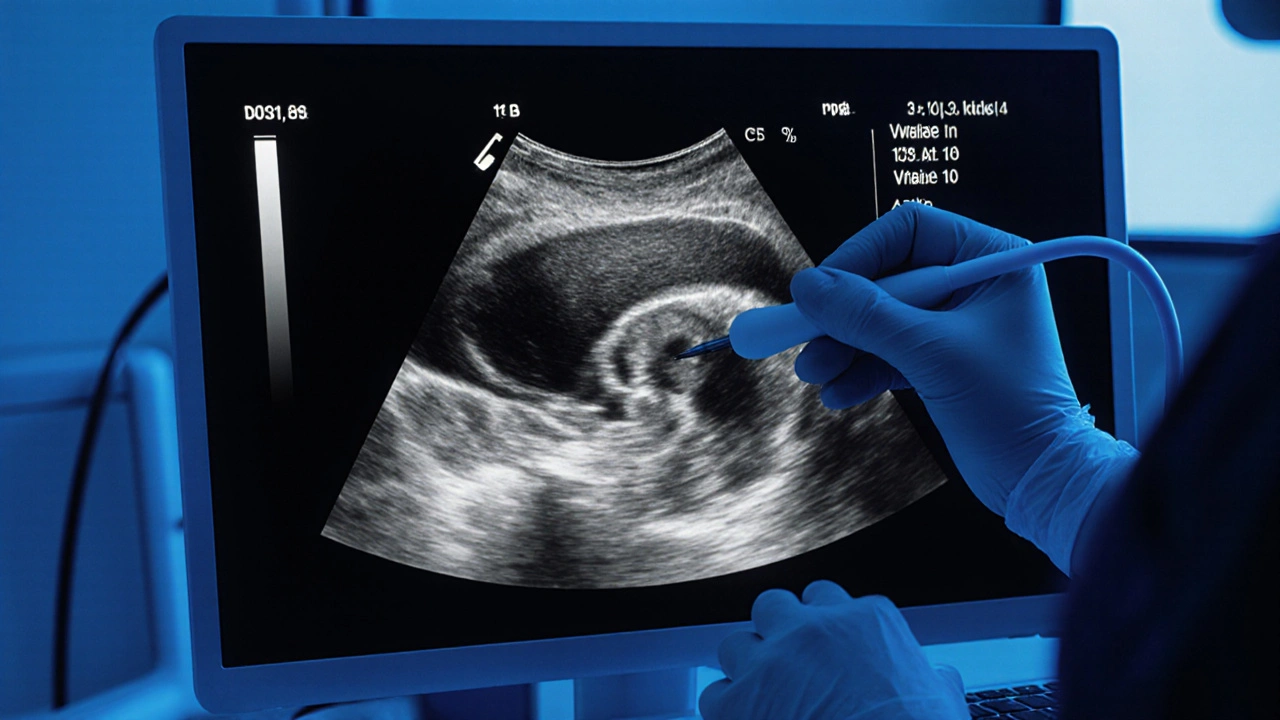 Obraz transvaginálního ultrazvuku ukazuje nepravidelné vaječníky s podezřelými strukturami.