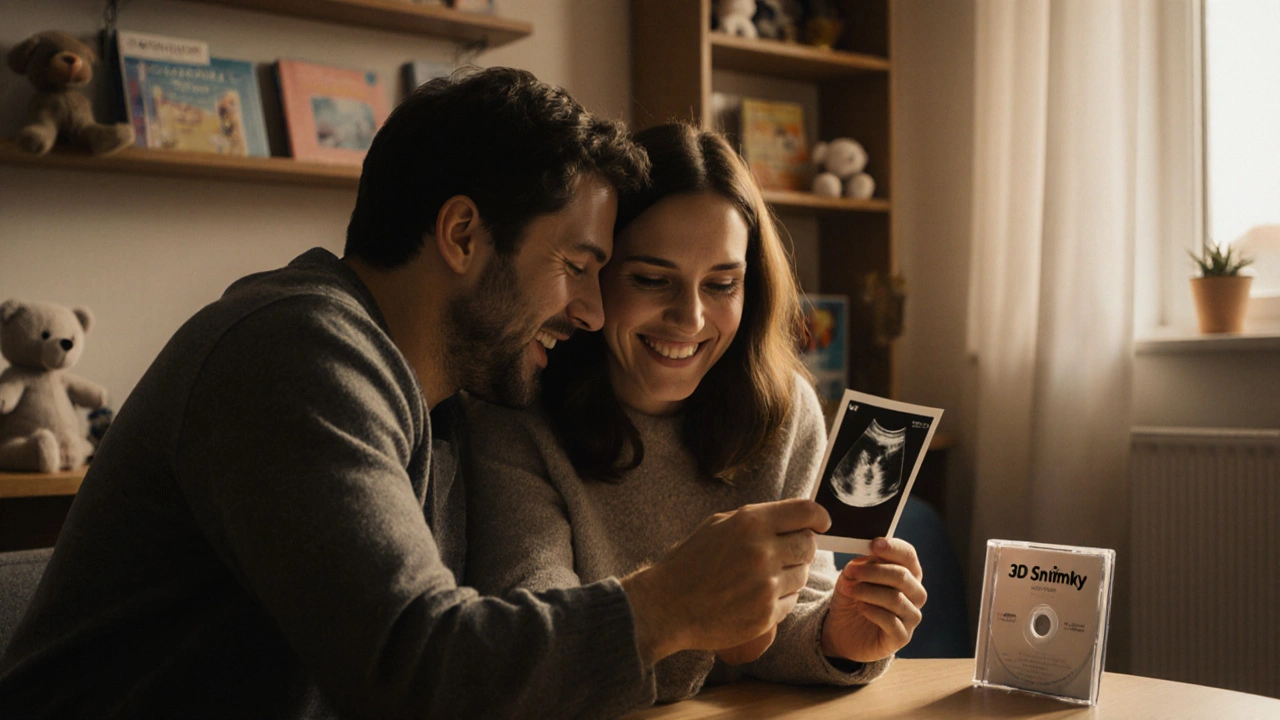 Pár drží v rukách 3D snímek plodu, smějí se v klidném čekacím prostoru kliniky.