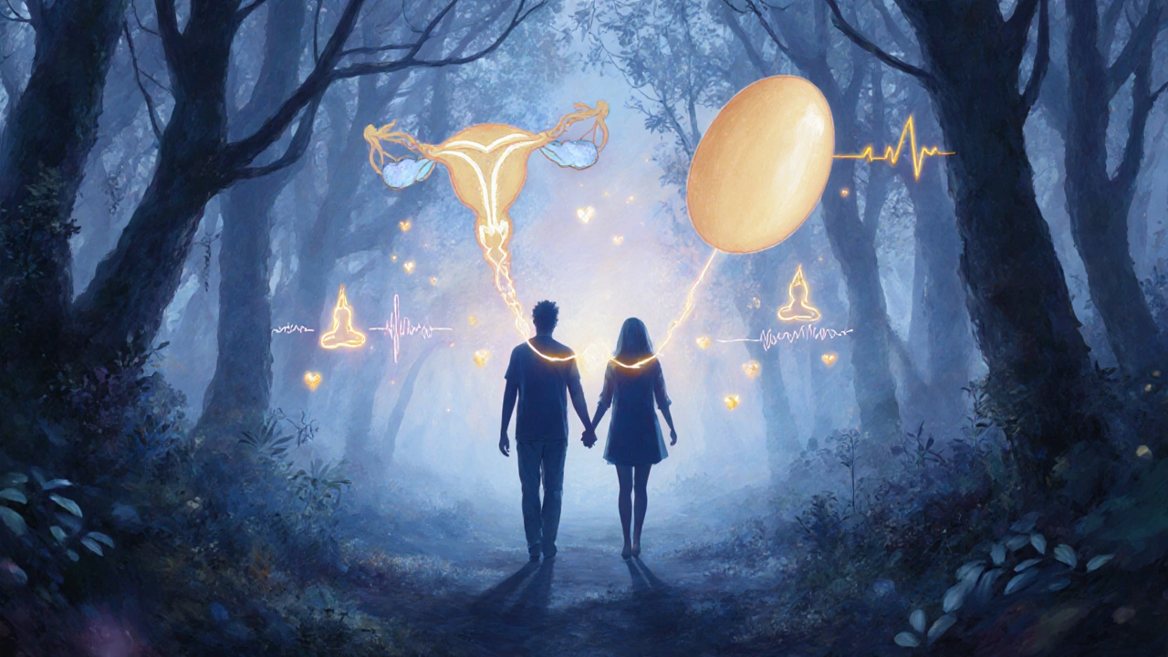 Pár prochází lesem, jejich stíny se spojují v symbolickém spojení spermie a vajíčka.