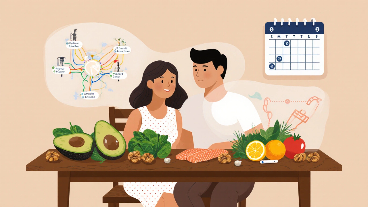 Pár spolu na kuchyňském stole s potravinami pro plodnost a kalendářem ovulace.