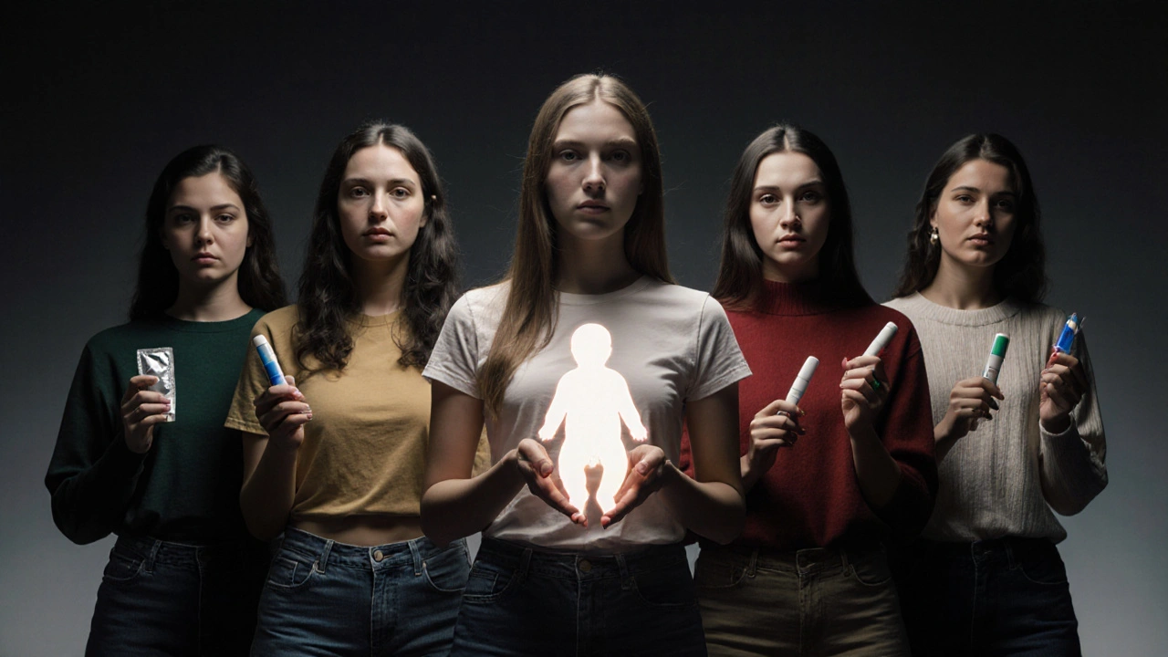 Pět dívek drží různé metody antikoncepce, jedna má zářivý těhotenský symbol.