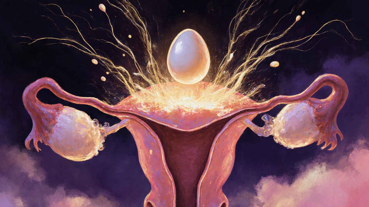 Praskající folikul v vaječníku s vylétajícím vajíčkem a tažnými výtoky v zlatavém světle.