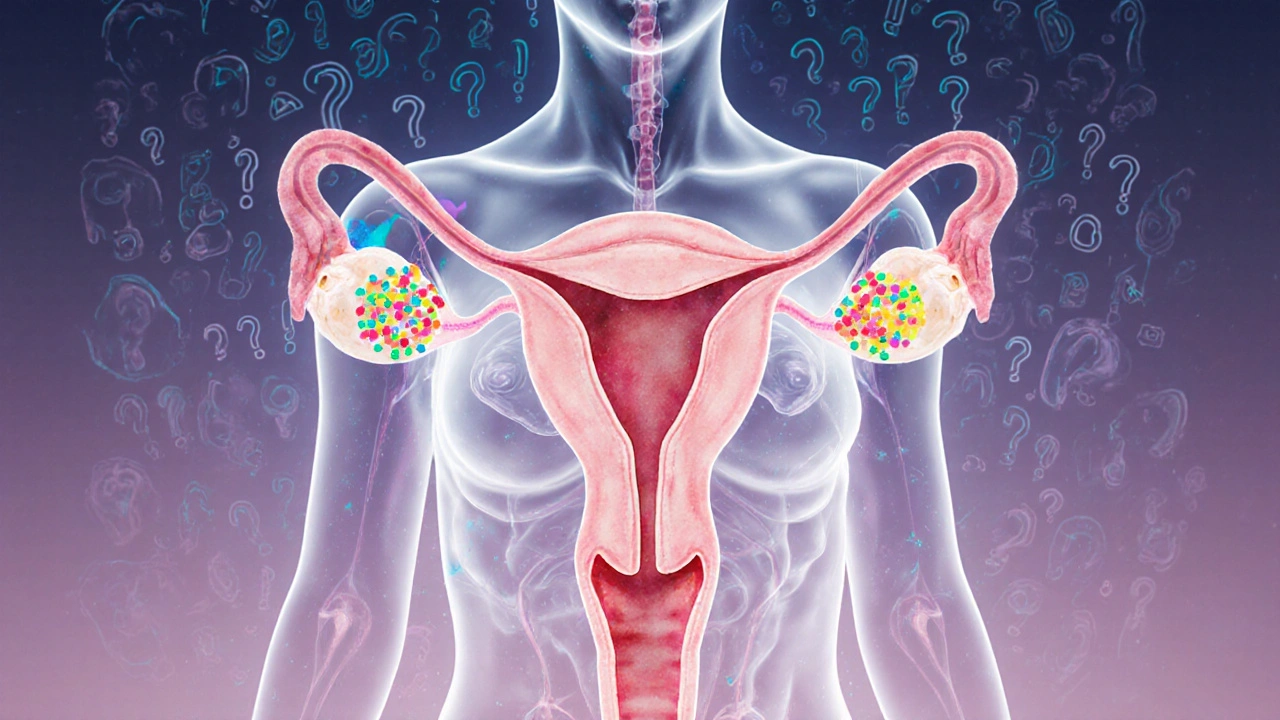 Průhledný náčrt ženského reprodukčního systému s označenými změnami a hormonálními ukazateli.