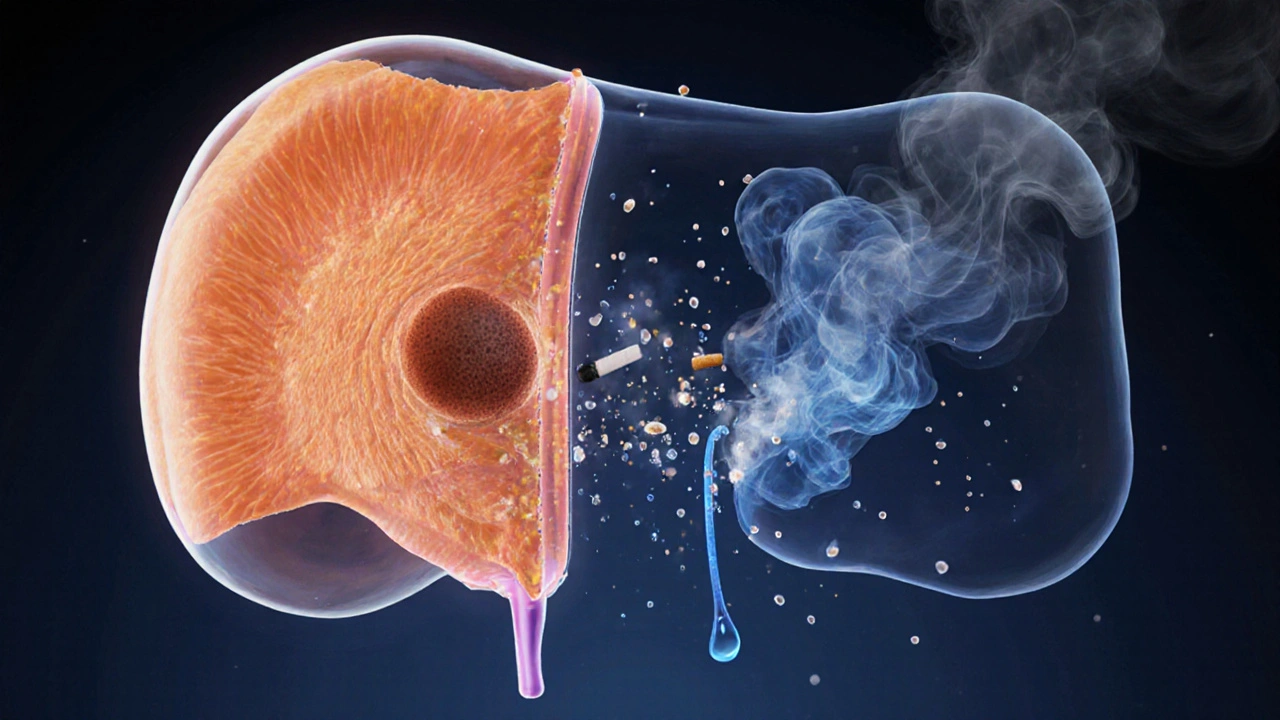 Průřez močovým měchýřem s nádorem a škodlivými látkami z kouře a chemikálií.