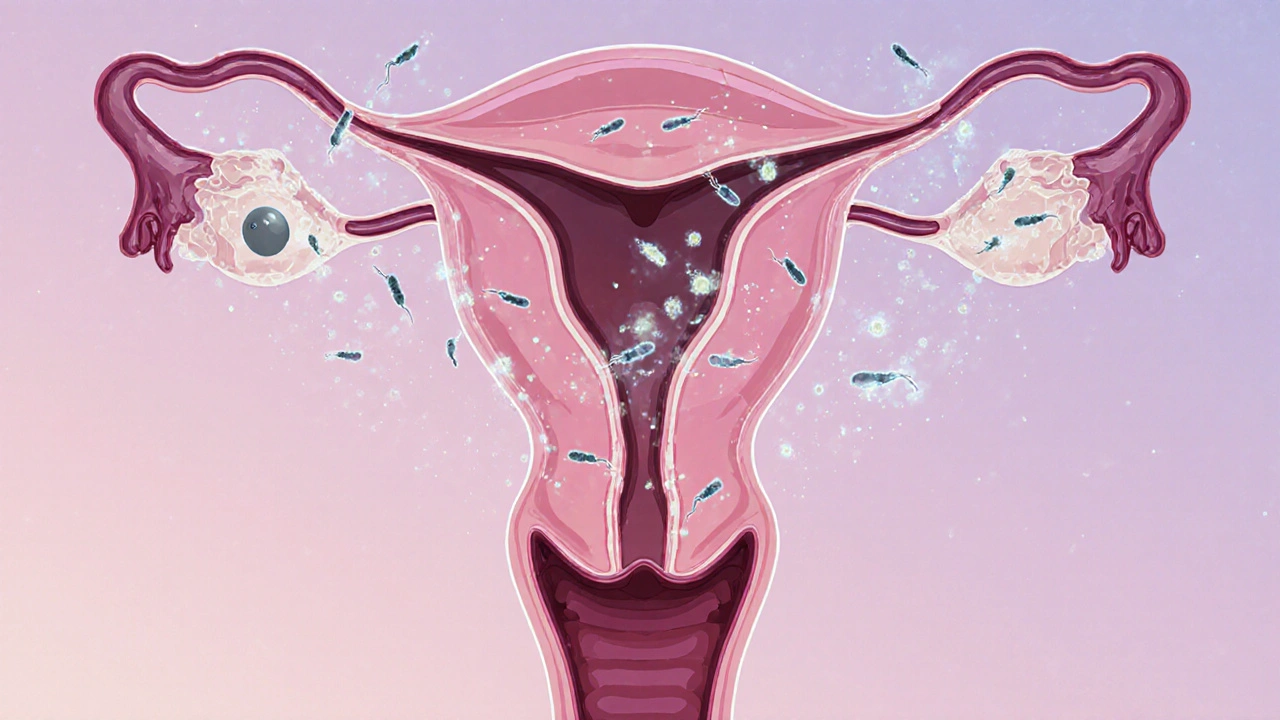 Průřez ženského těla s vajíčkem a spermie plujícími ve vaječných trubkách.