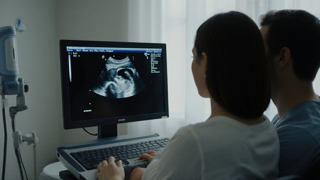 Rodiče sledují 12týdenní ultrazvuk, kde je vidět pohybující se plod s vyvinutými končetinami.