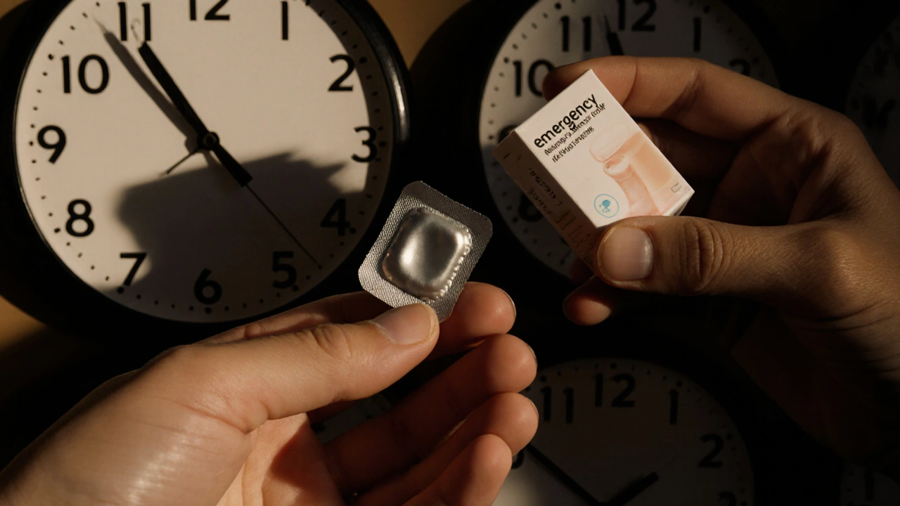 Ruce držící kondom a tabletu nouzové antikoncepce, s hodinami v pozadí znázorňujícími časový rámec.