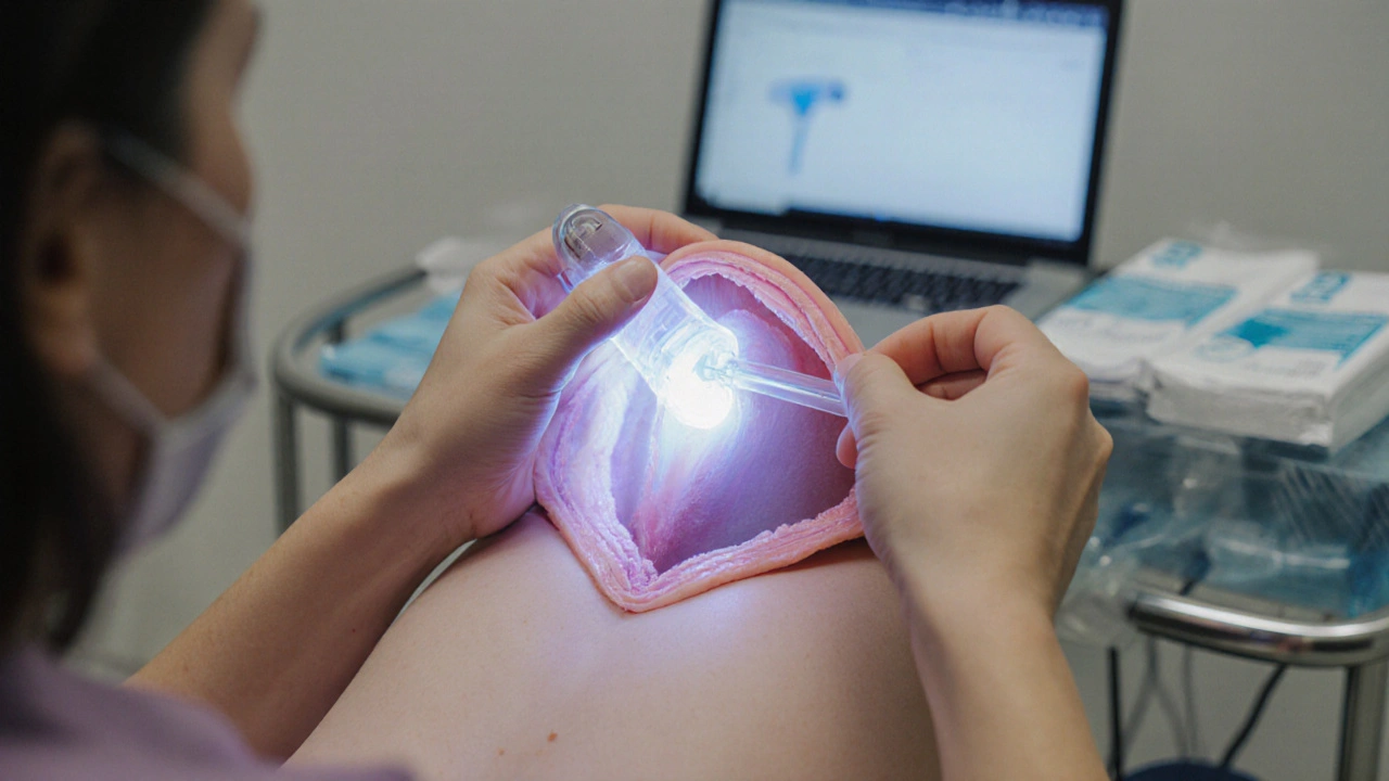 Ruce lékařky opatrně vkládají zrcátko během vnitřního vyšetření, s mírně osvětleným vnitřním pohledem.