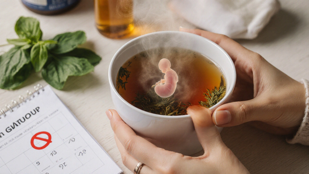 Ruka drží šálek čaje, nad parou se objevuje průhledný obraz plodu, na pozadí vitamíny a zelenina.