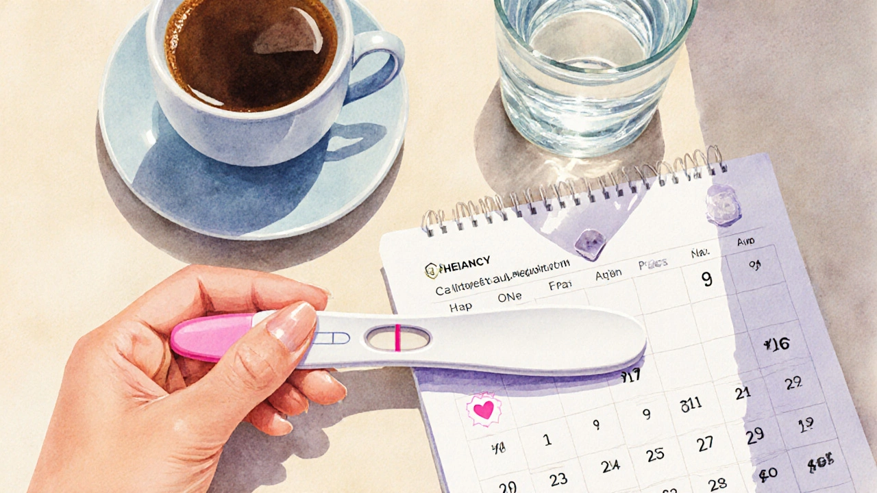 Ruka drží těhotenský test s jemnou čárou vedle kalendáře s označenou ovulací.