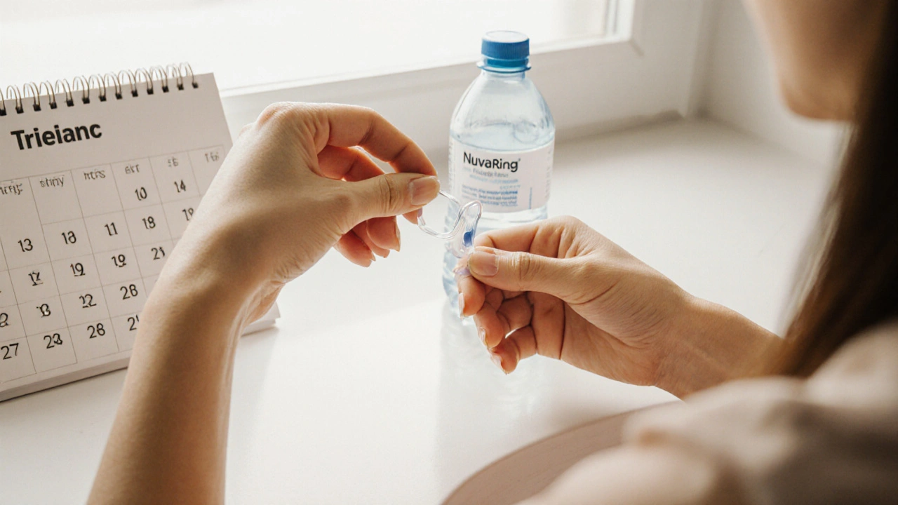 Ruka vkládá antikoncepční prstenec do pochvy v domácím prostředí.