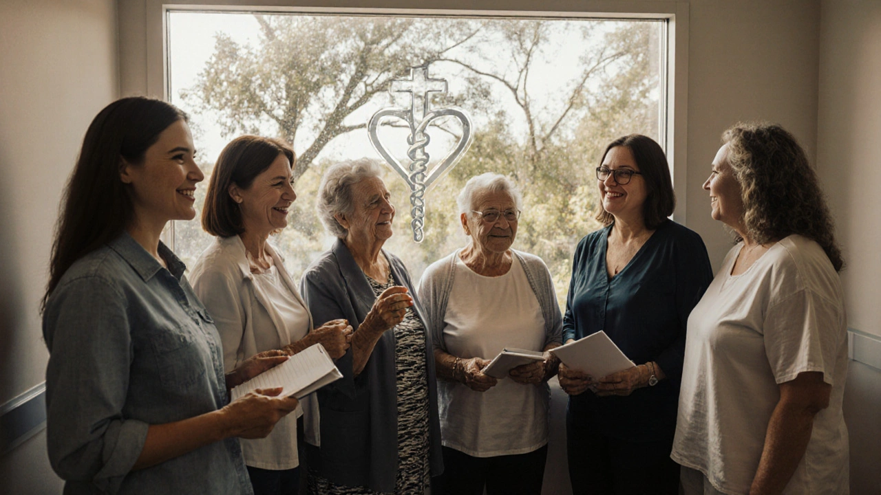 Skupina žen různých věků stojí spolu v chodbě kliniky, všichni s klidnými, silnými výrazy tváří.