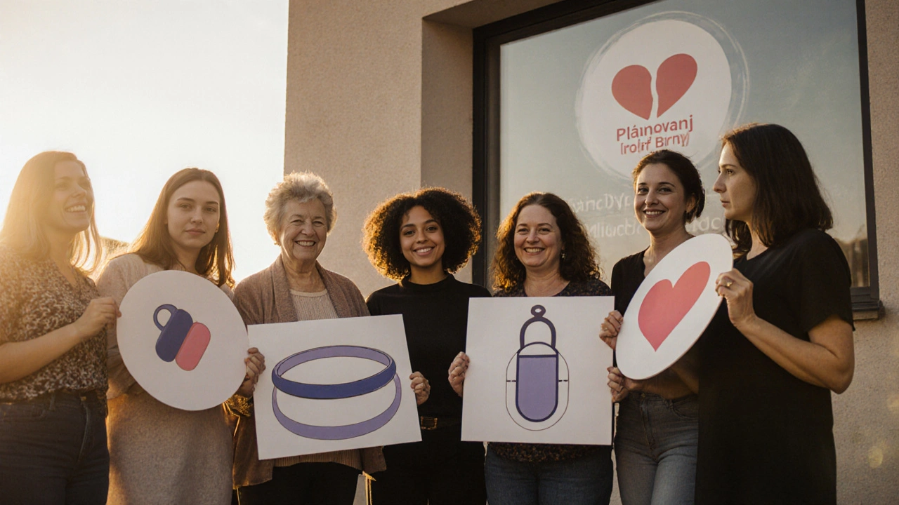 Skupina žen stojí před zdravotním centrem s symboly antikoncepce.