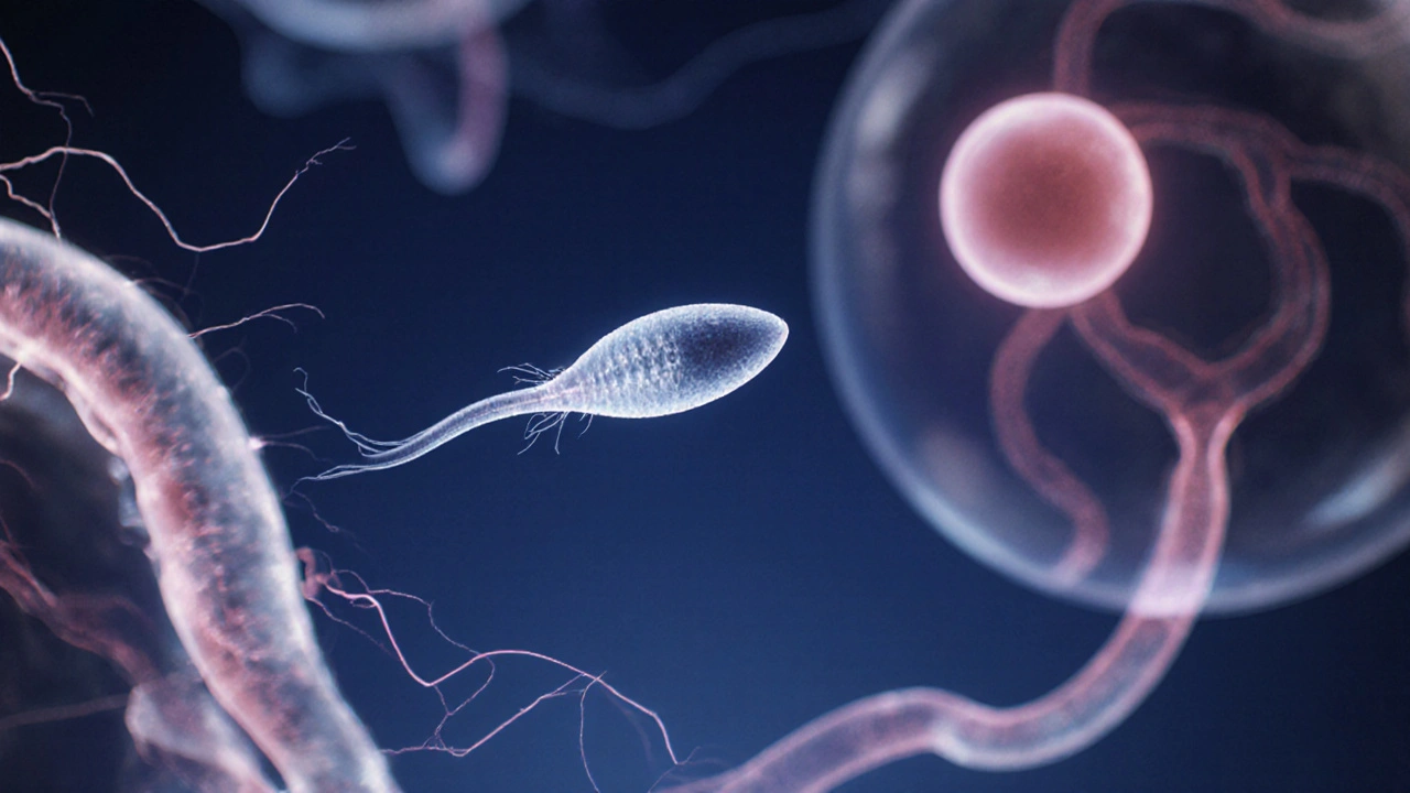 Spermie plující k vajíčku v ženském těle, s hormonálními vlnami jako jemným zářením.