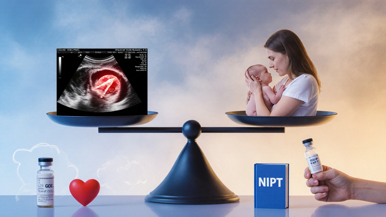 Symbolická scéna s rovnováhou mezi rizikem a nadějí při diagnóze Downova syndromu.